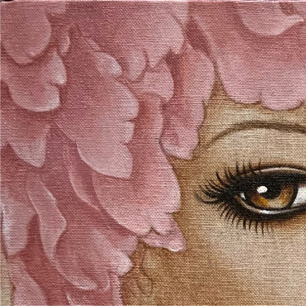 cropped view of a painting of a woman's face - she has large eyes and lips and is wearing a feather hat