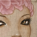 cropped view of a painting of a woman's face - she has large eyes and lips and is wearing a feather hat