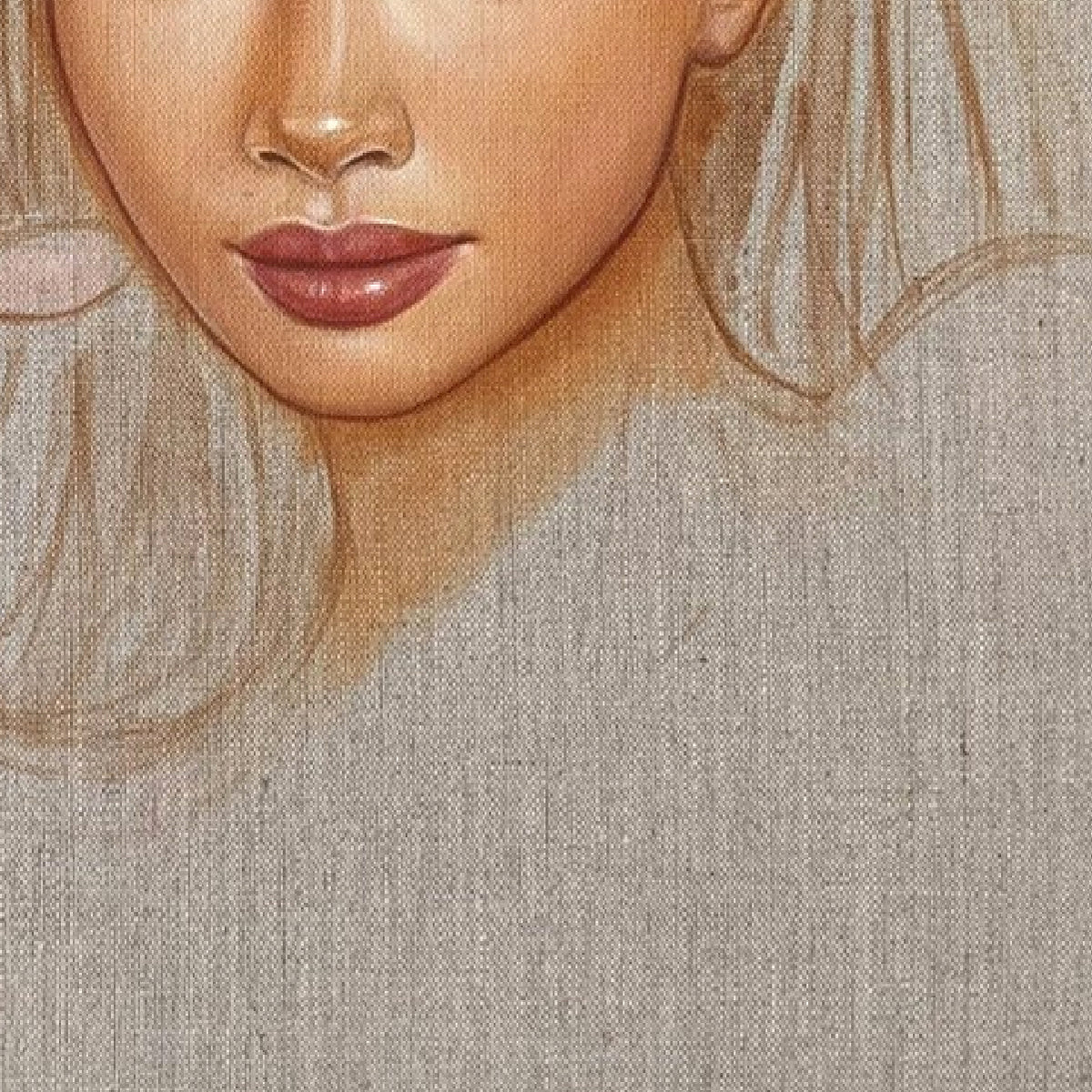 cropped painting of a woman with honey colored eyes holding her hand to her face