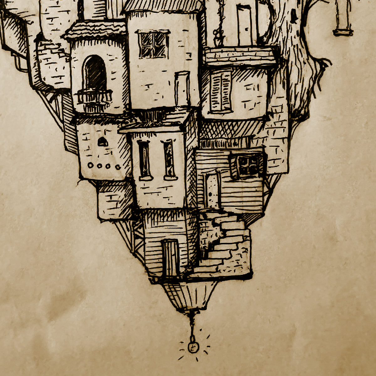 cropped image of "heart home" postcard - many small detailed homes formed together to shape the bottom of a heart