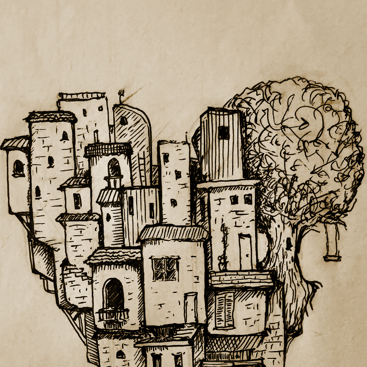 a framed print of many layered sketched homes of different shapes and sizes that form the shape of a heart