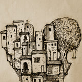 cropped image of "heart home" postcard - many small detailed homes formed together to shape the top of a heart