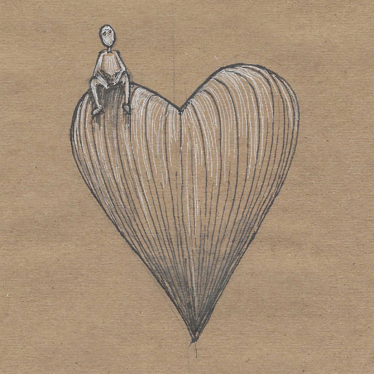 a black and white sketch of a heart with a small person sitting on the top left curve of the heart. The person is featureless and resembles a figure drawing