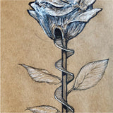 cropped view of rose staircase postcard - long and winding staircase wraps around the stem of a black and white sketched rose leading to a tunnel at the base of the rosebud