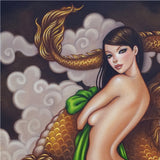 cropped view of painting by artist mimi yoon. closeup of woman with bright eyes and long dark hair, she is leaning against a dragon's tail and they are surrounded by clouds.