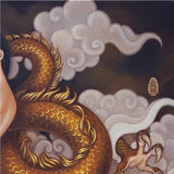 cropped view of painting by mimi yoon. closeup of golden dragon tail and artist's signature surrounded by clouds.