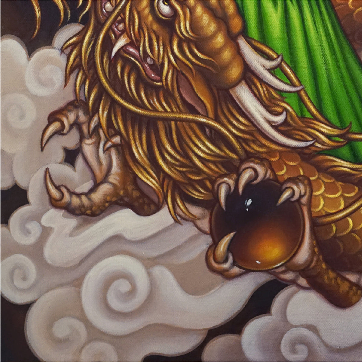 cropped view of painting by mimi yoon. closeup of dragon's face and talons holding a golden orb. 
