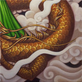cropped view of painting by mimi yoon. closeup of dragon's tolden scales surrounded by grey clouds.