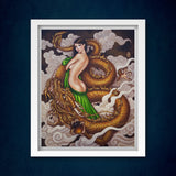 painting by artist mimi yoon of a woman and a dragon surrounded by clouds. She is wearing a bottle green skirt and has long dark hair.