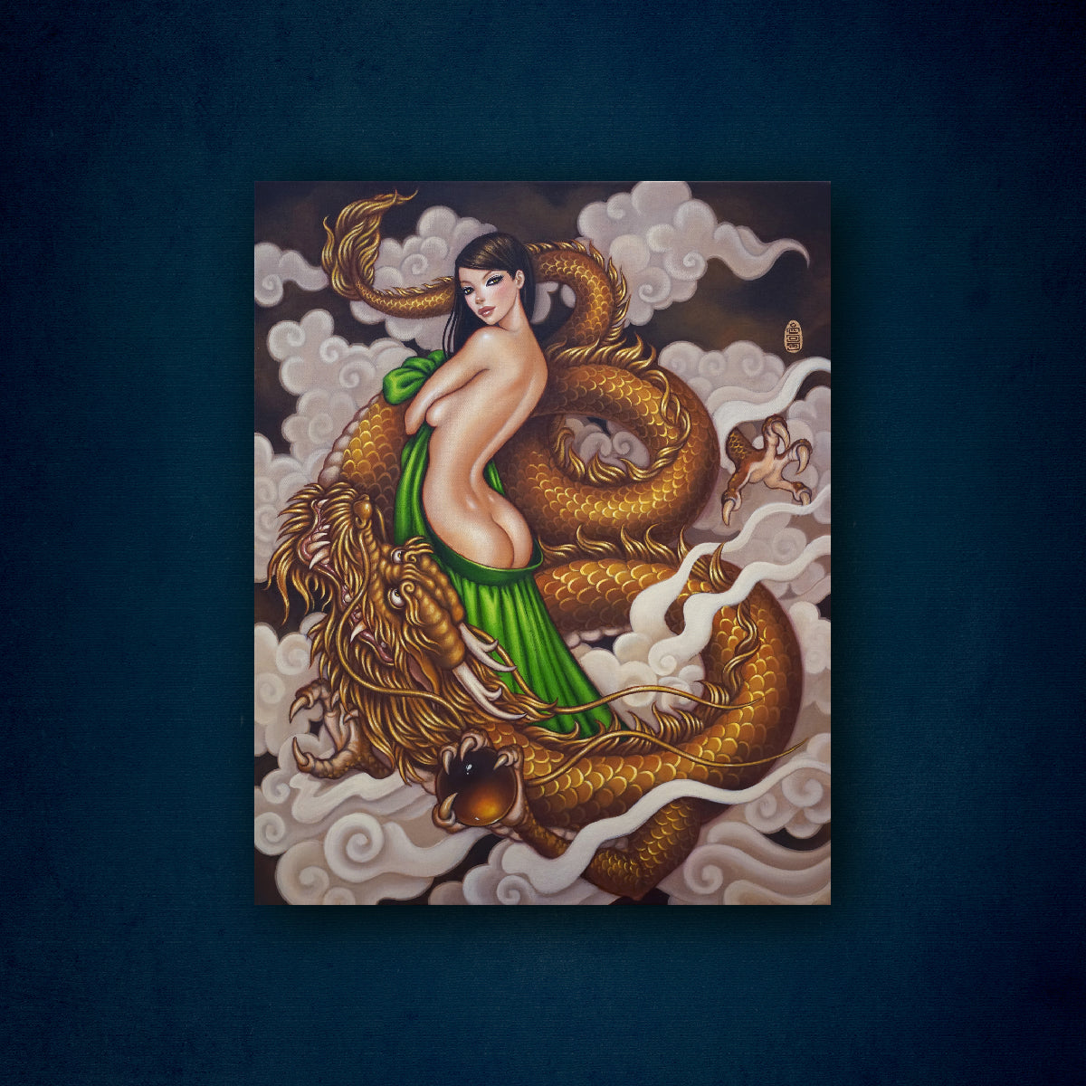 painting by mimi yoon of golden dragon and woman with long dark hair, golden eyes, and a bottle green skirt. They are surrounded by clouds. 