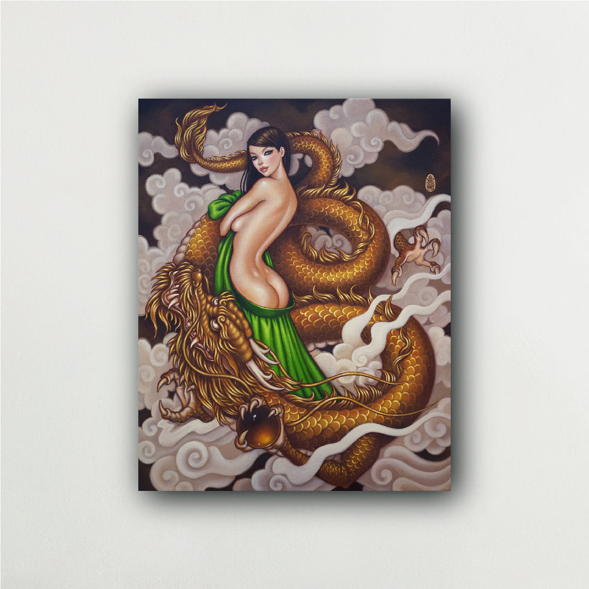 painting by artist mimi yoon of a woman and a dragon surrounded by clouds. She is wearing a bottle green skirt and has long dark hair.