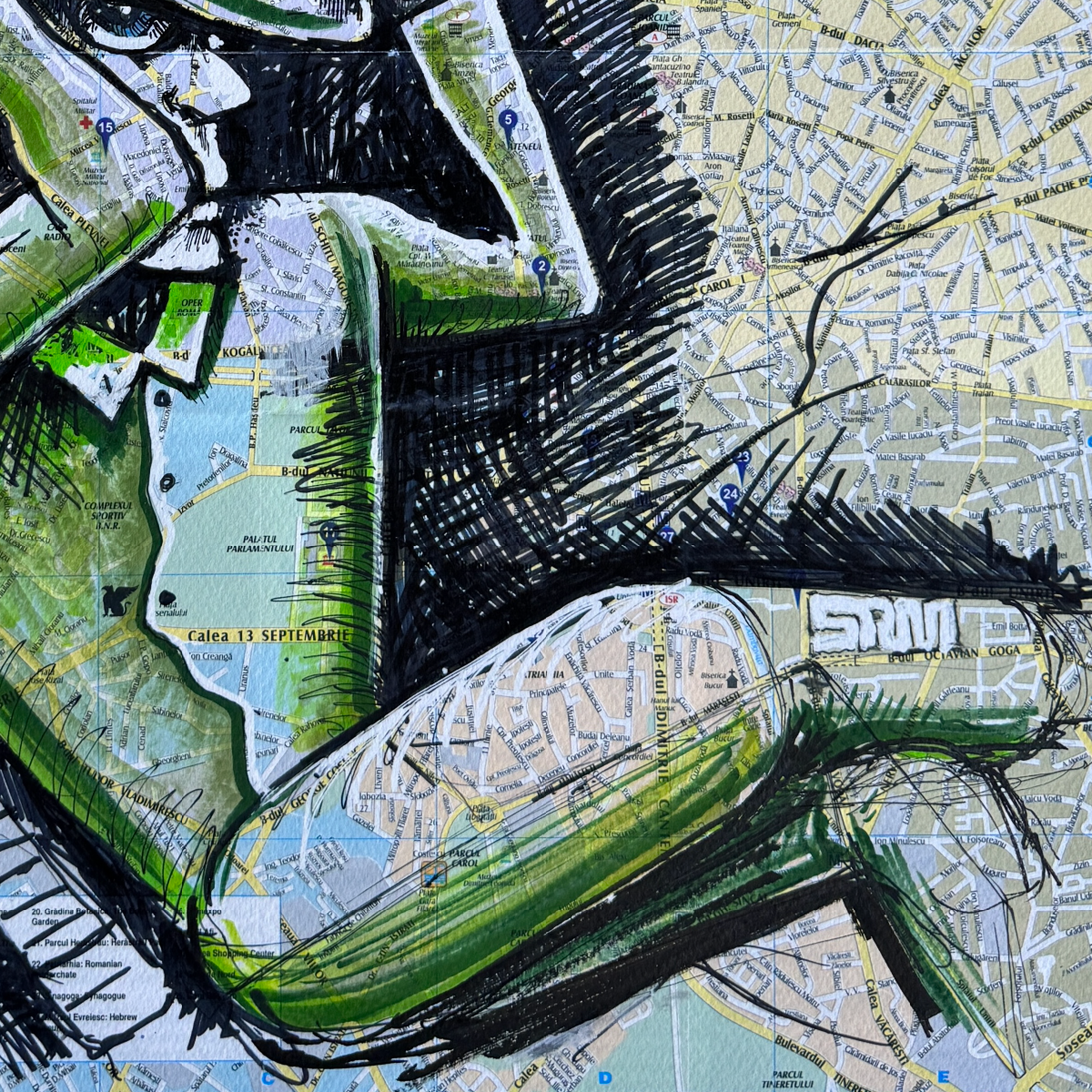 close-up, cropped view of map of bucharest, romania featuring painting of a man - bottom right featuring artist's signature