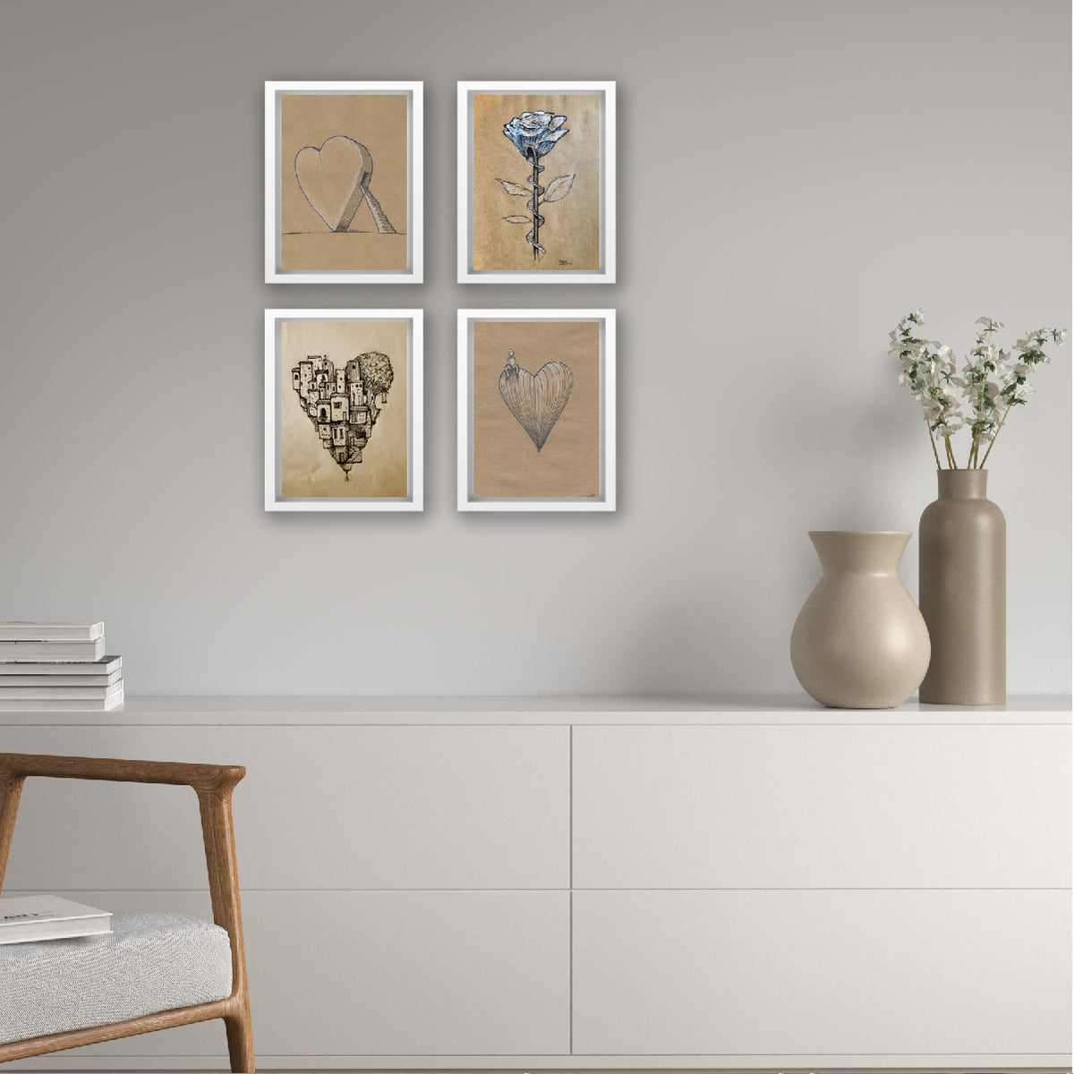 set of four prints by artist sam farrar of valentine's day cards - heart staircase, rose staircase, heart home, and heart sitter