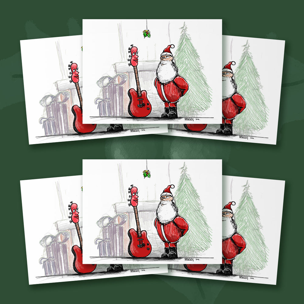 $10 - santa and guitar under the mistletoe set of 6 - 5 x 7 inch christmas card