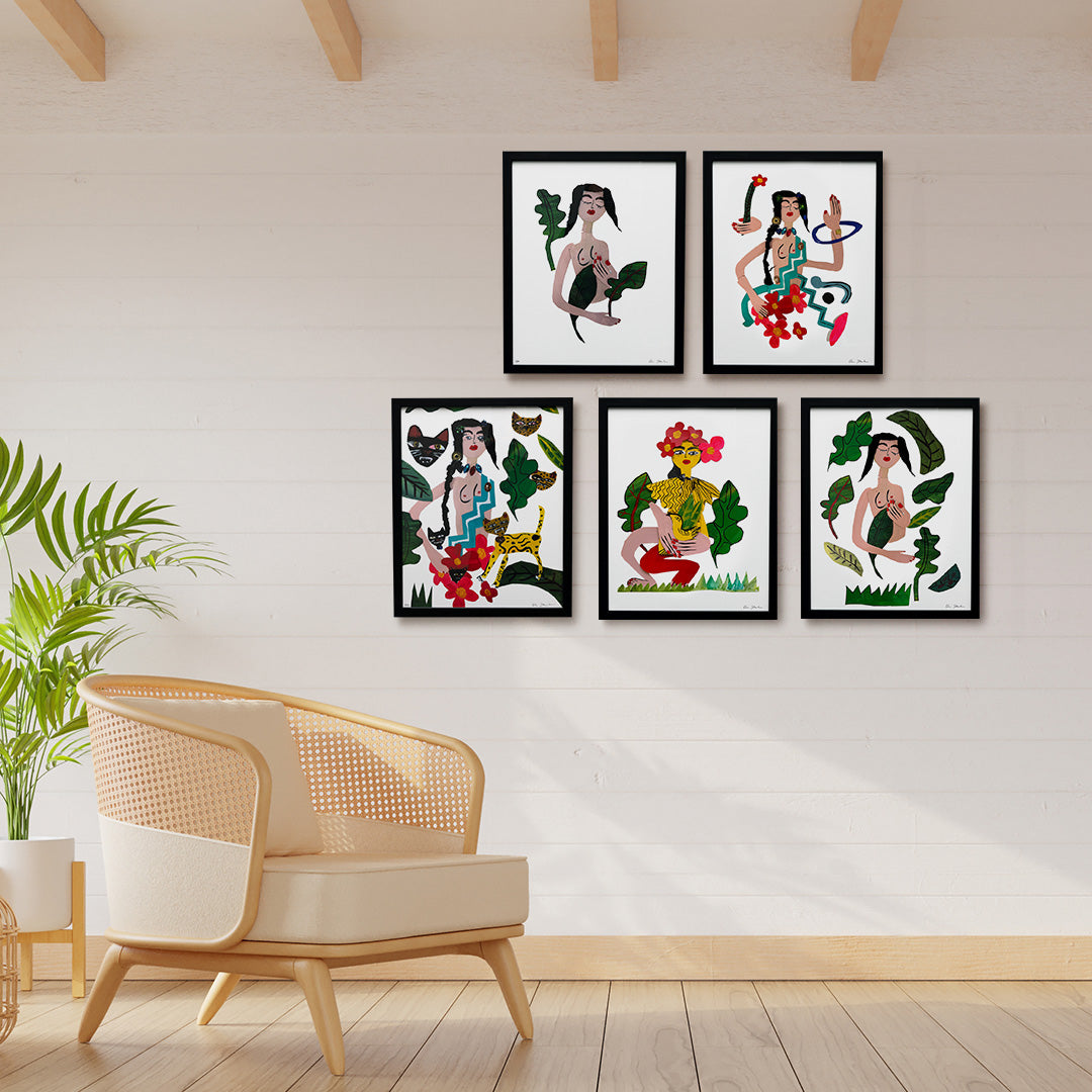 floral set of 5 - 16 x 20 inch edition in simple black frame