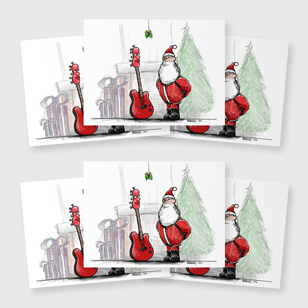 santa and guitar under the mistletoe set of 6 - 5 x 7 inch christmas card