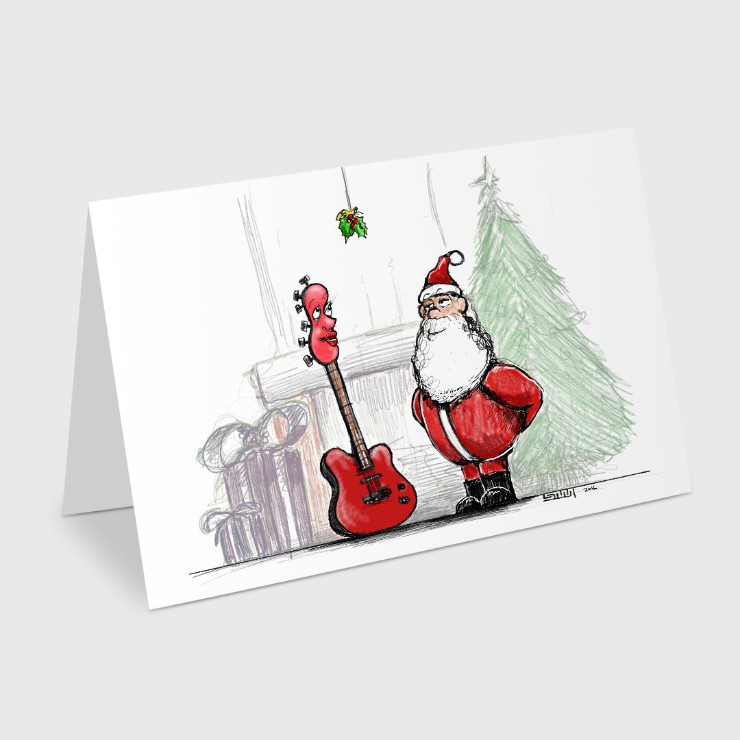 santa and guitar under the mistletoe - 5 x 7 inch christmas card