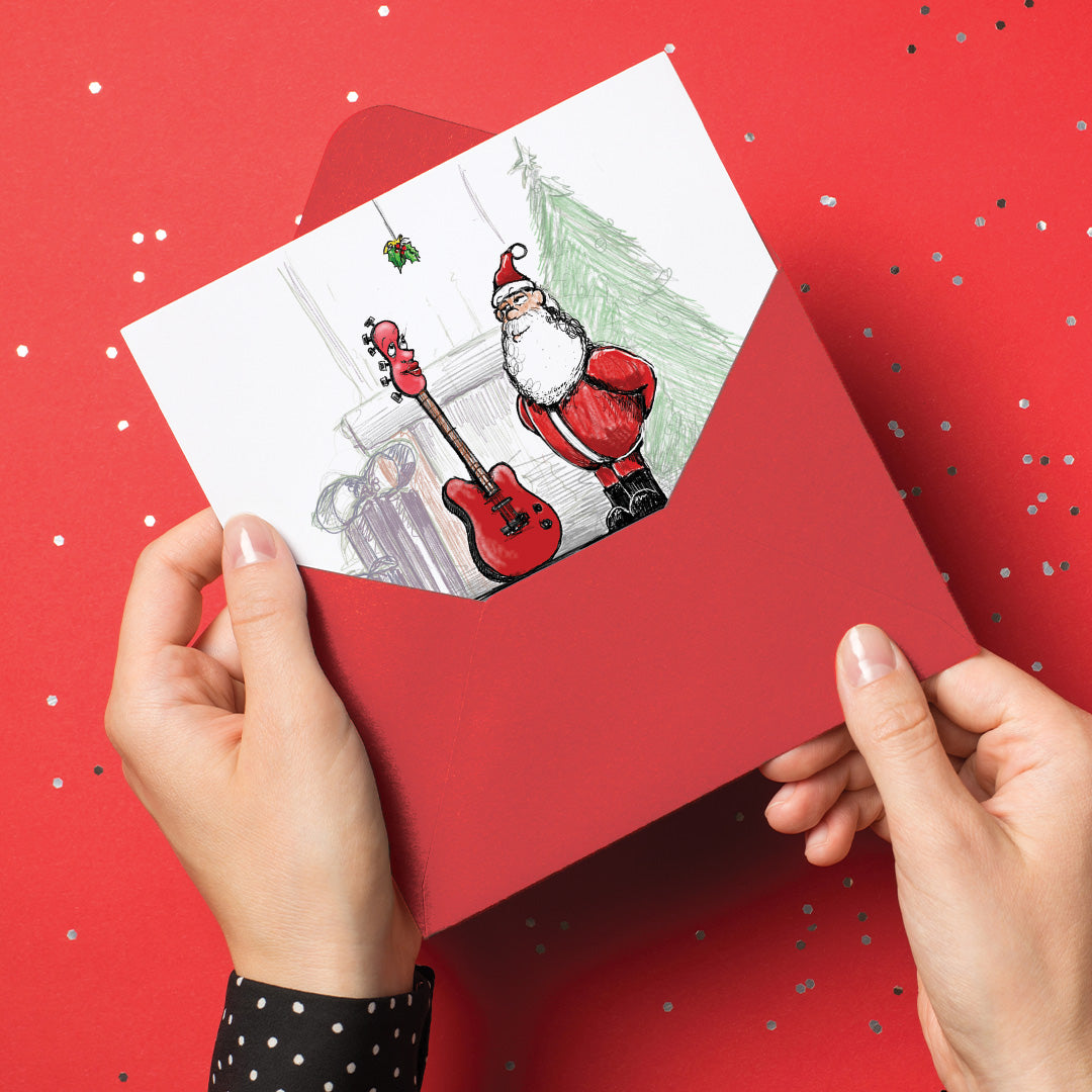 santa and guitar under the mistletoe set of 6 - 5 x 7 inch christmas card