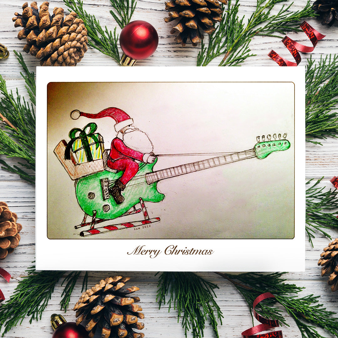 santa on his guitar sleigh set of 6 - 5 x 7 inch christmas card