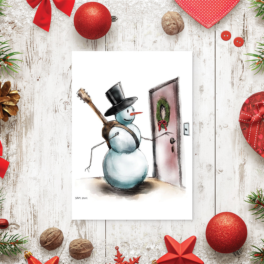 snowman at the door - 5 x 7 inch christmas card