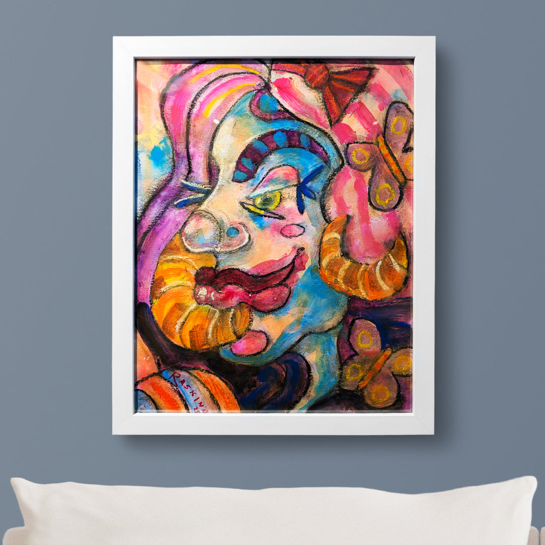 girl with the croissant earrings - framed original artwork