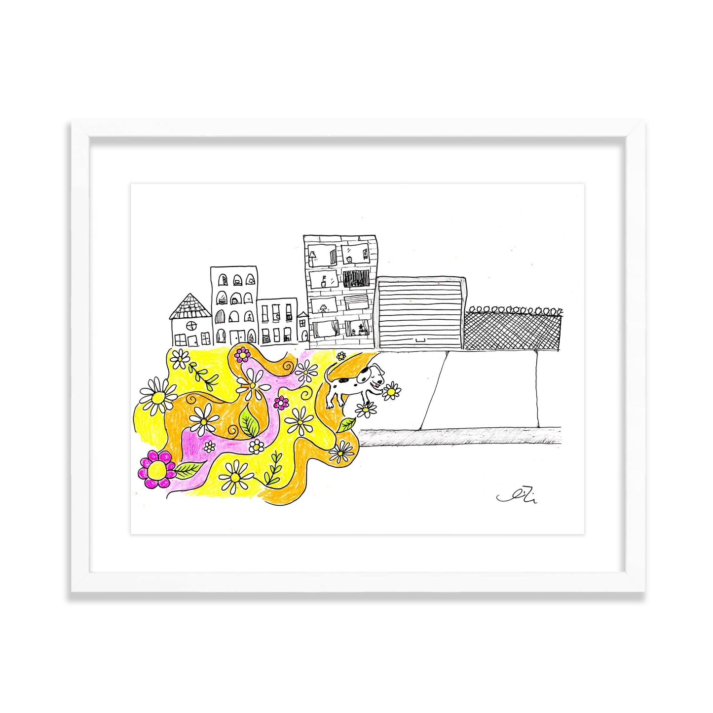 doggies bring color in concrete city - framed original artwork